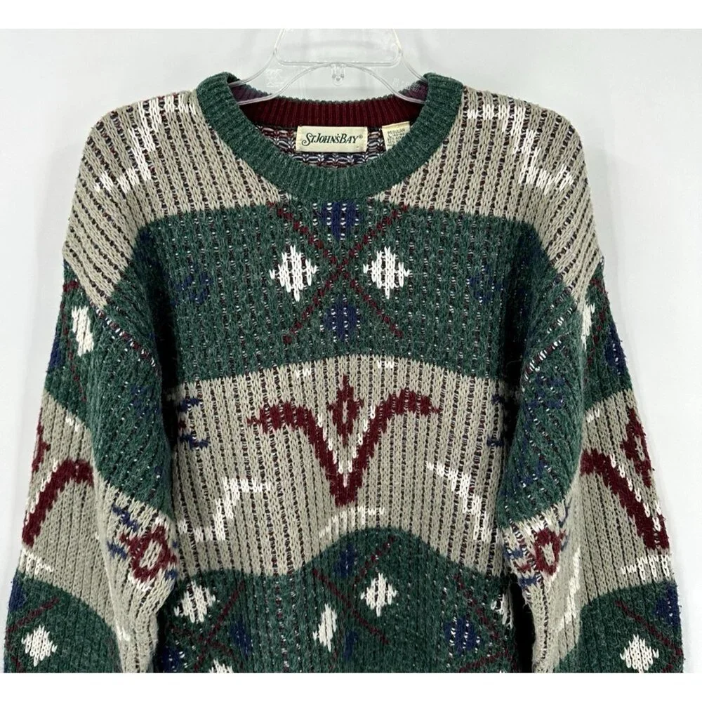 vintage 90s CREWNECK GRAPHIC PRINT SWEATER pullover chunky knit retro colorful L